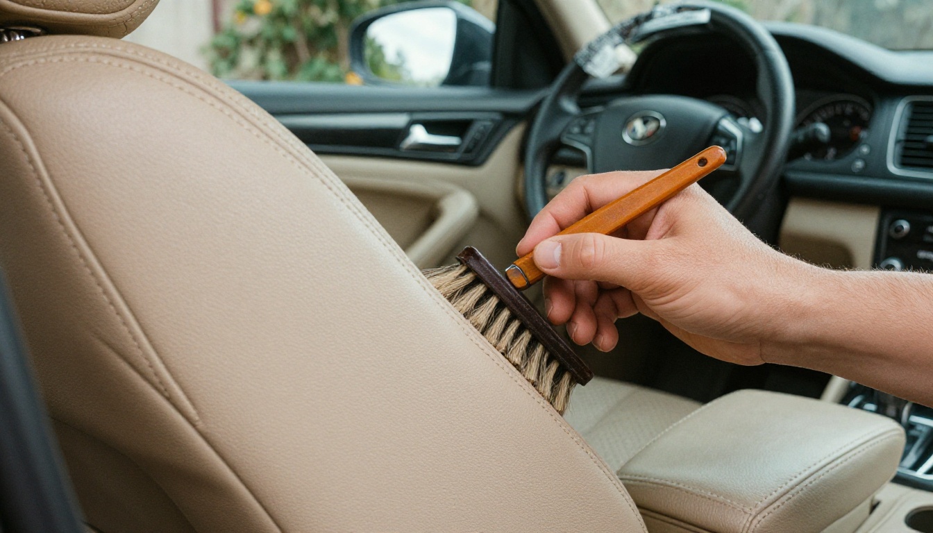 Mão com luva escovando costuras de um banco de couro perfurado em bege