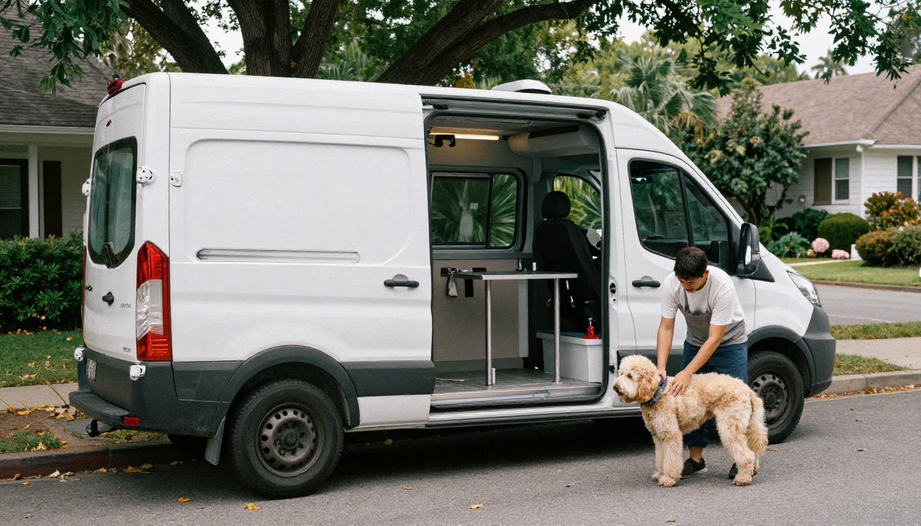 Camionnette de toilettage mobile garée dans une rue calme, portes ouvertes, et un toiletteur qui sèche un cockapoo
