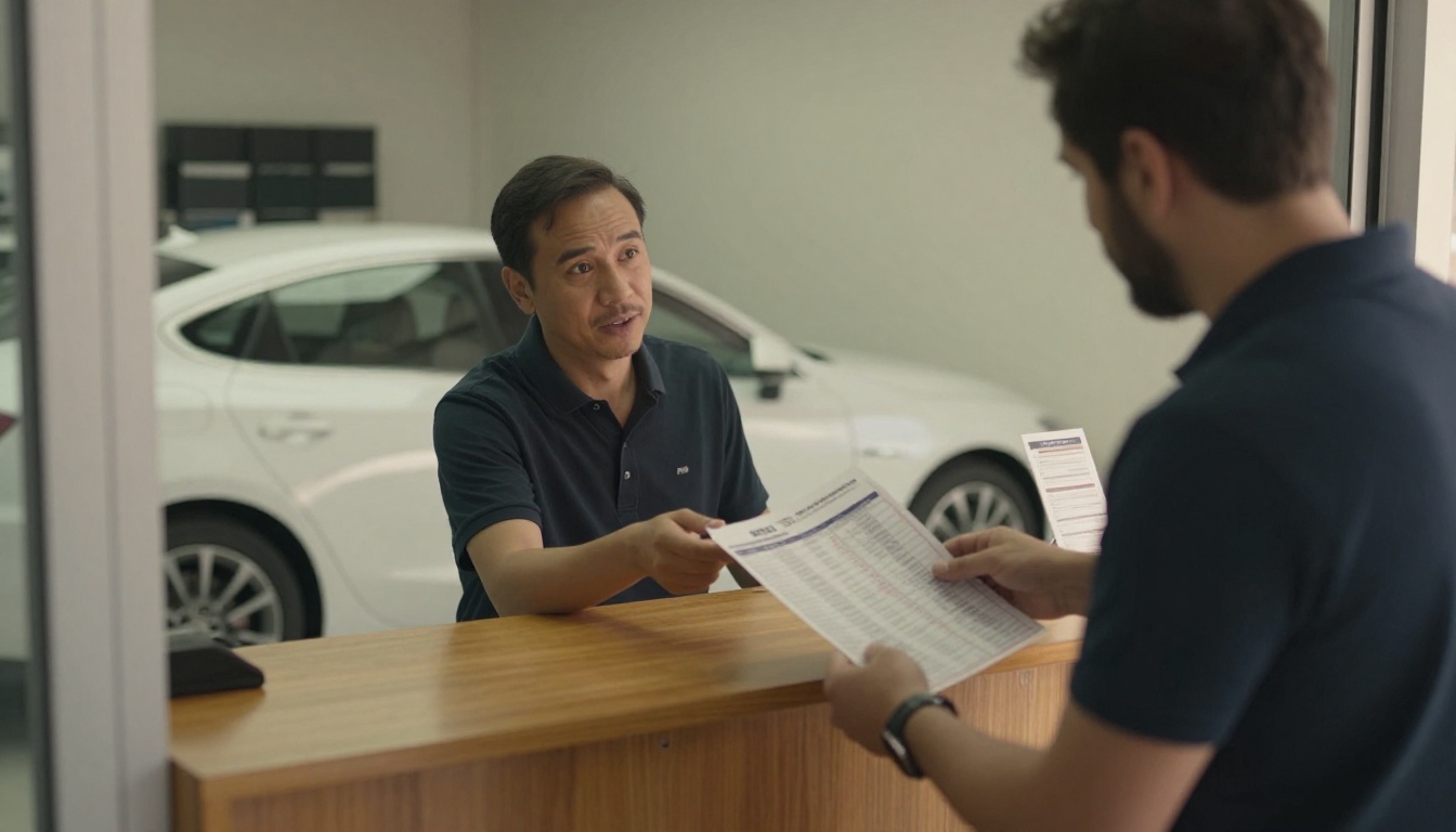 Esteta revisando um brochure de tabela de preços com um cliente no balcão da oficina