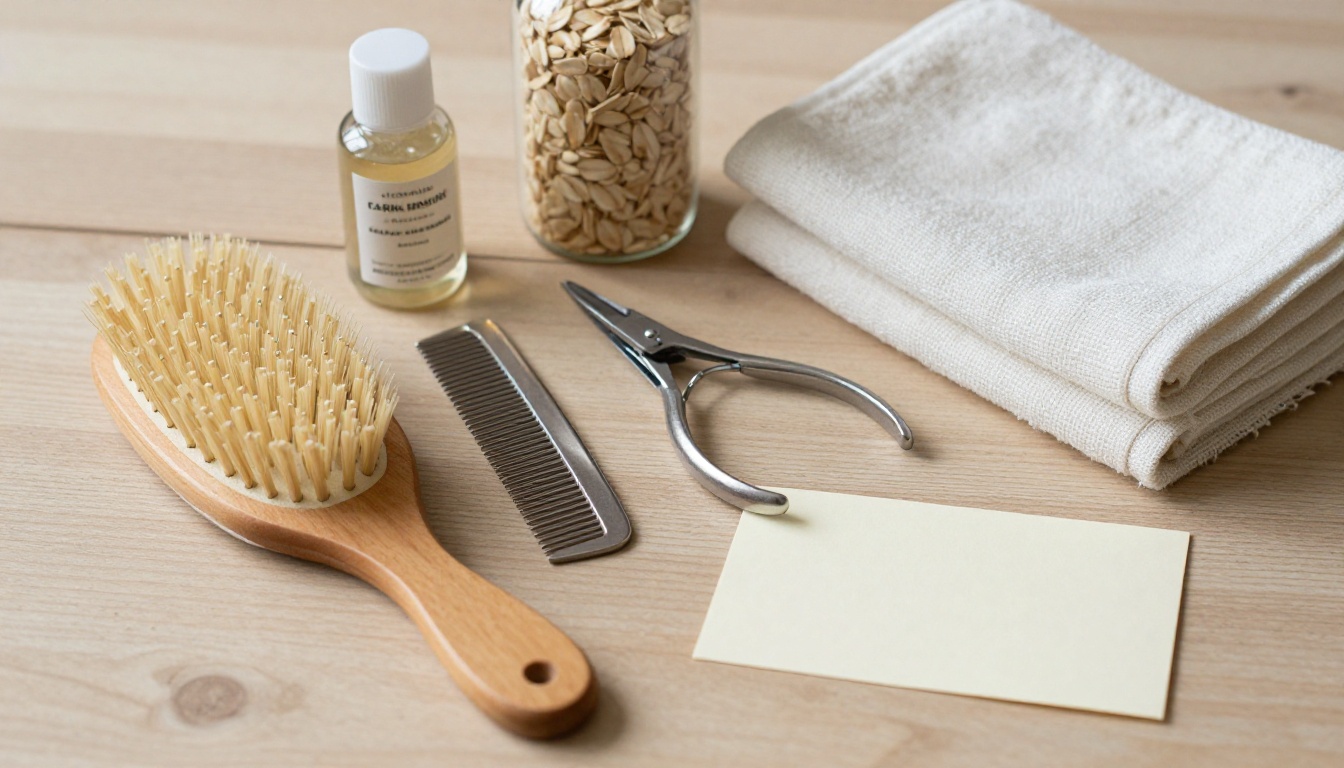 Accessoires de toilettage pour chiens disposés sur une table en bois, dont une brosse, un peigne, une tondeuse et du shampoing
