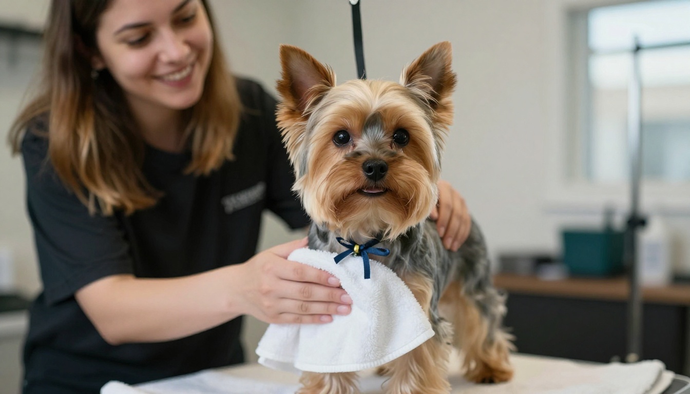 Yorkshire terrier fraîchement toiletté, portant un ruban, tenu par son propriétaire devant la porte d’un salon