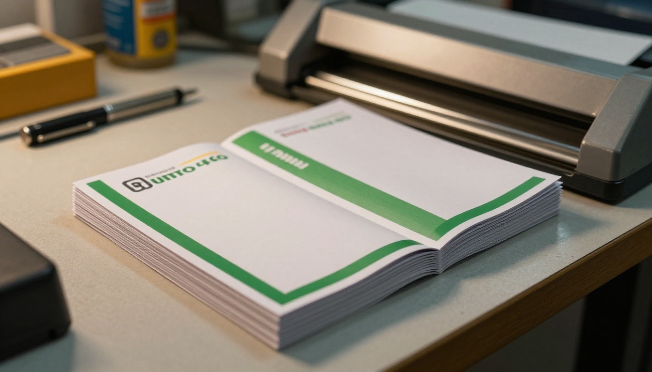 Pila di brochure a tre ante appena stampate in una tipografia