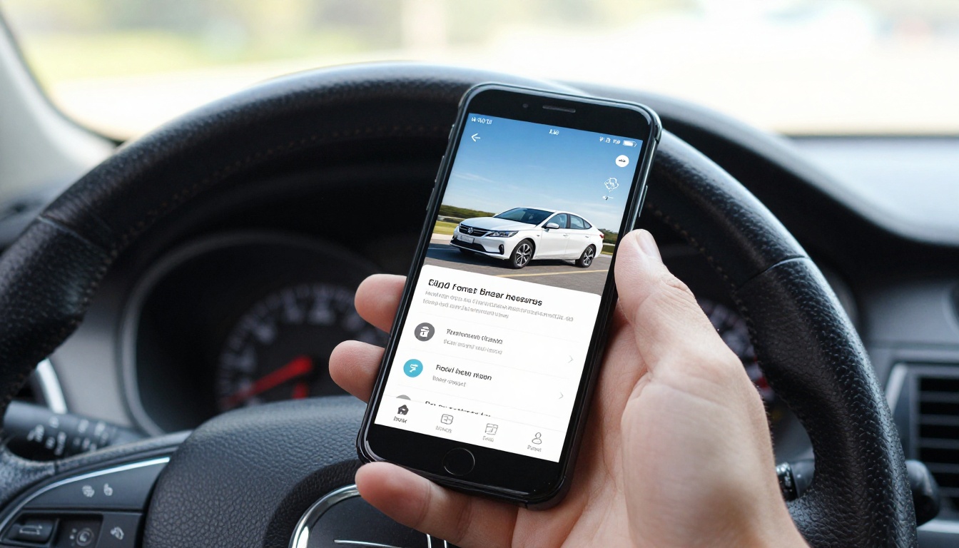 Celular exibindo um brochure digital de estética automotiva em frente ao volante de um sedã branco