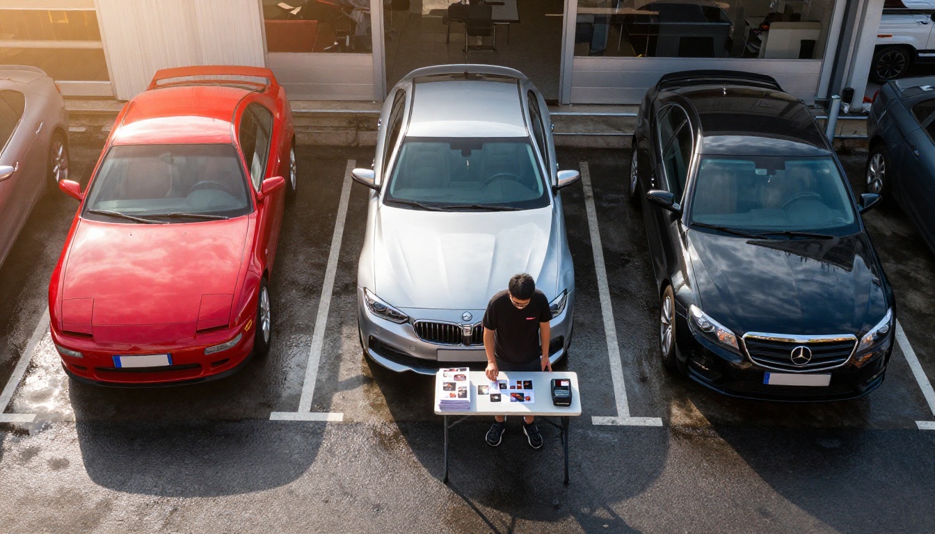 Vista aérea de três carros recém-detalhados em frente a uma oficina, com uma mesa de brochures