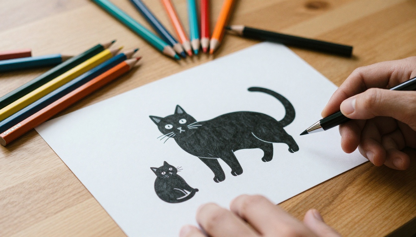يمسك رجل هاتفه فوق رسم مطبوع لقطة محاطة بأقلام ملوّنة