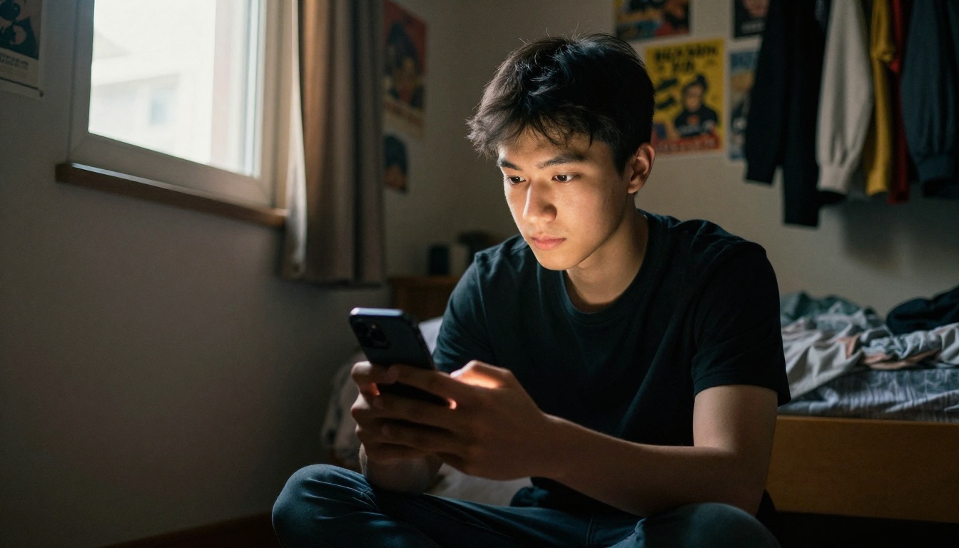 Young man looking at his phone on a bedroom floor to choose a selfie for upload
