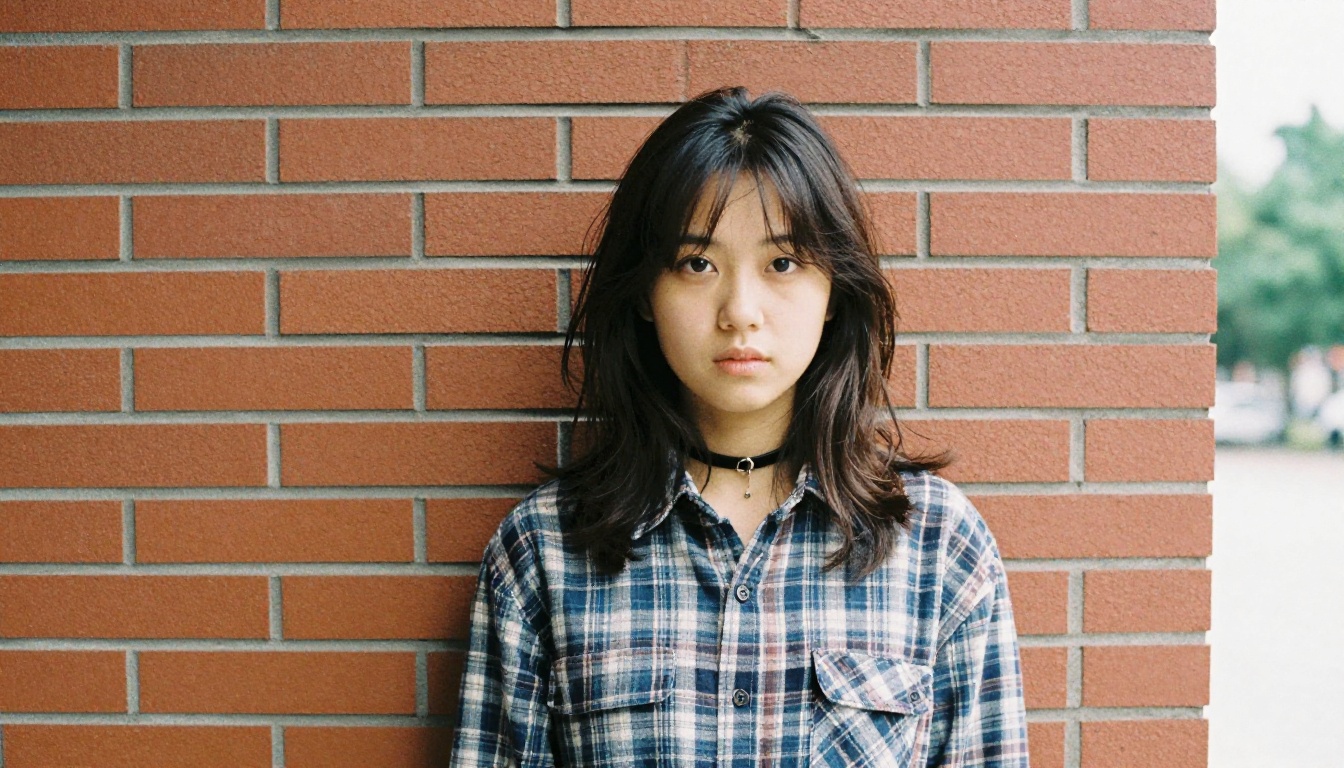 Grunge style young woman in flannel against a red brick wall