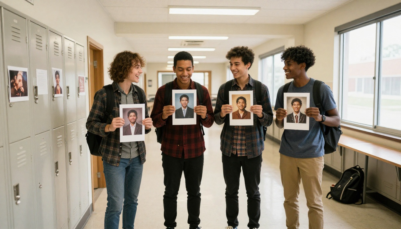 Four friends laughing in a school hallway while comparing printed retro portraits