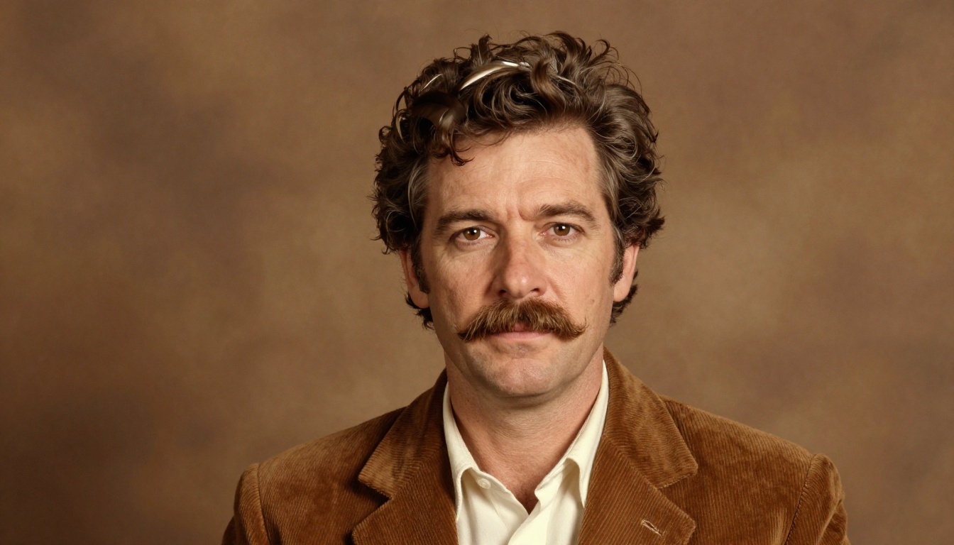 Middle-aged man in a corduroy jacket in a vintage 1980s style school portrait
