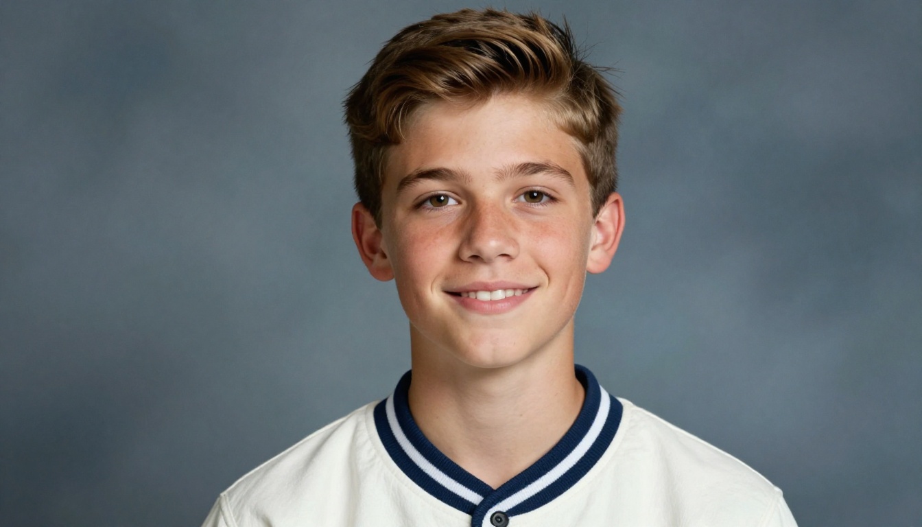 Teenage boy in a letterman jacket posing for a school portrait