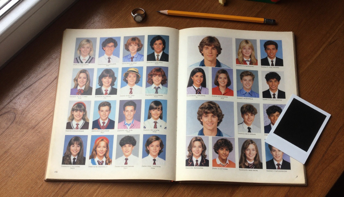 Open vintage yearbook with printed portraits on a wooden desk