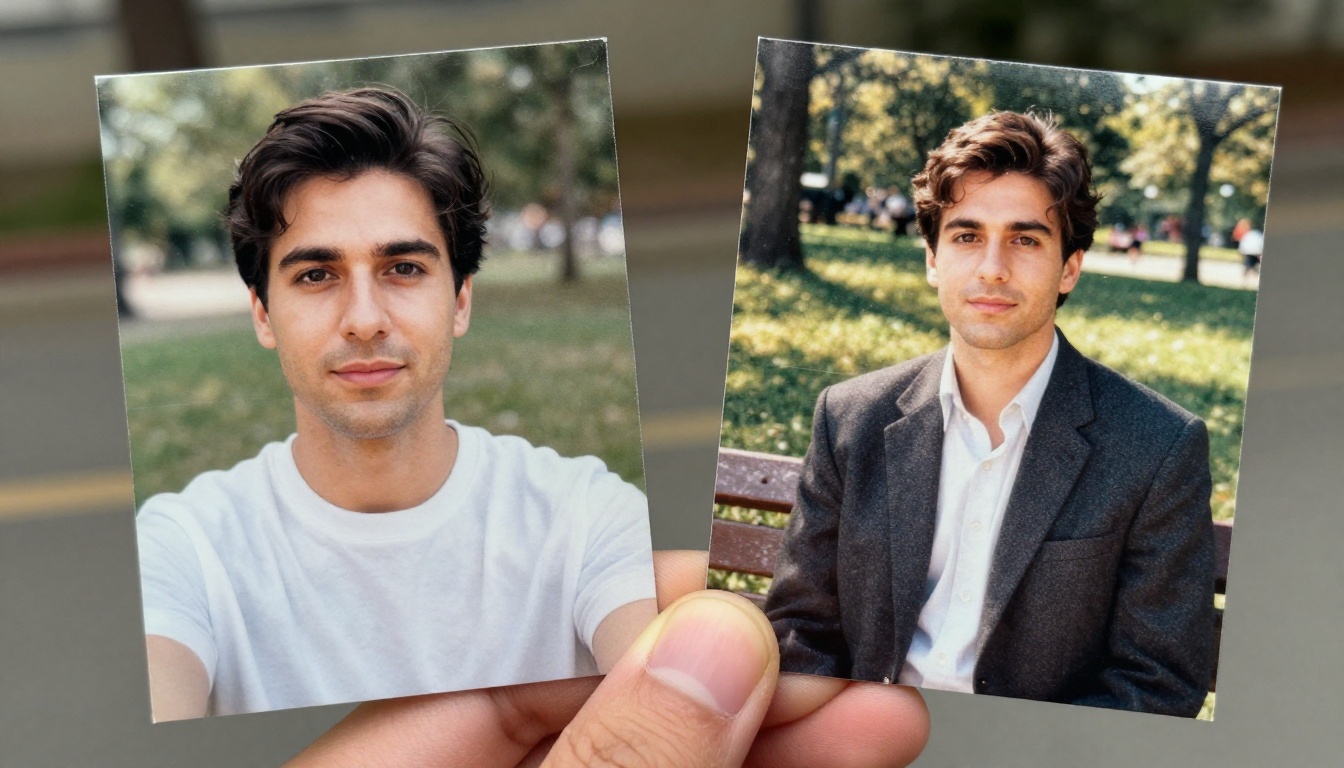 Before and after print comparison of a modern selfie and a 90s yearbook portrait