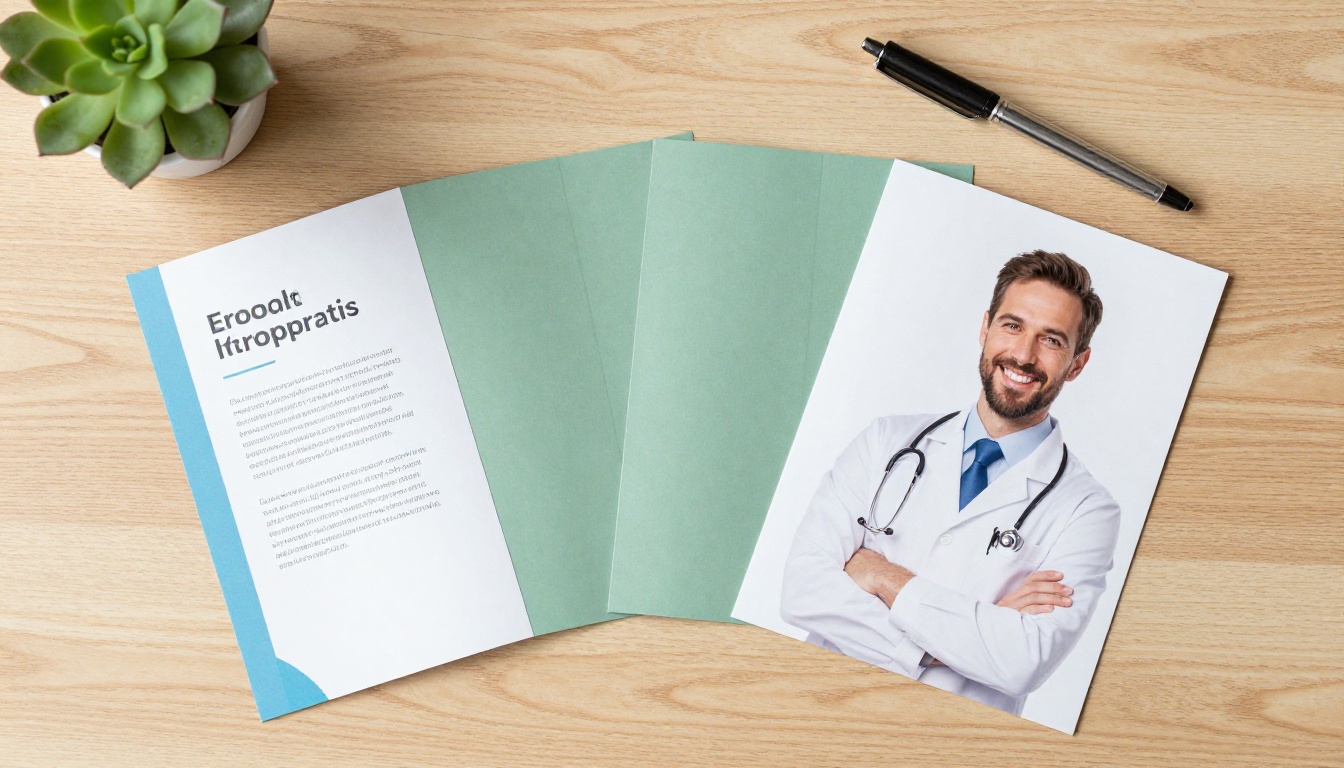 Three printed chiropractic brochure formats laid out on an oak table