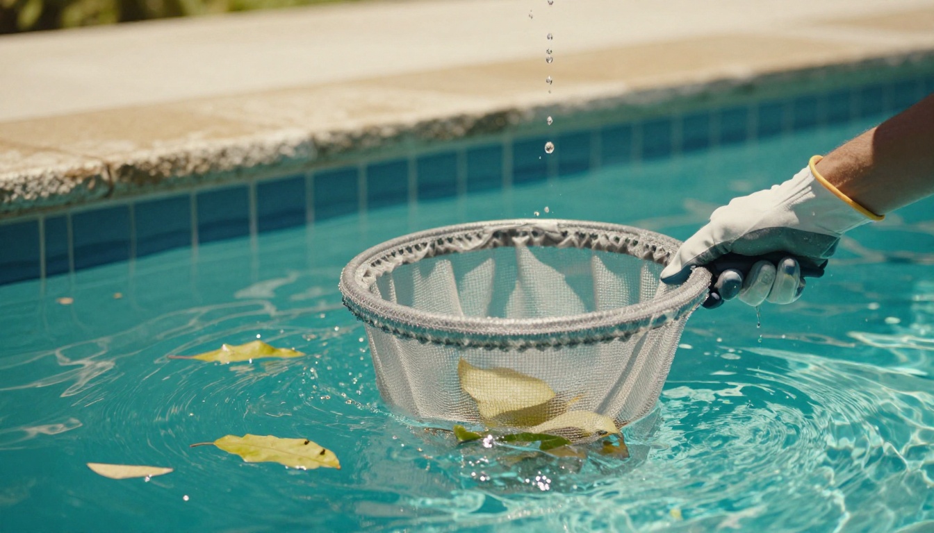 Technicien retirant les feuilles d’une piscine claire avec une épuisette télescopique