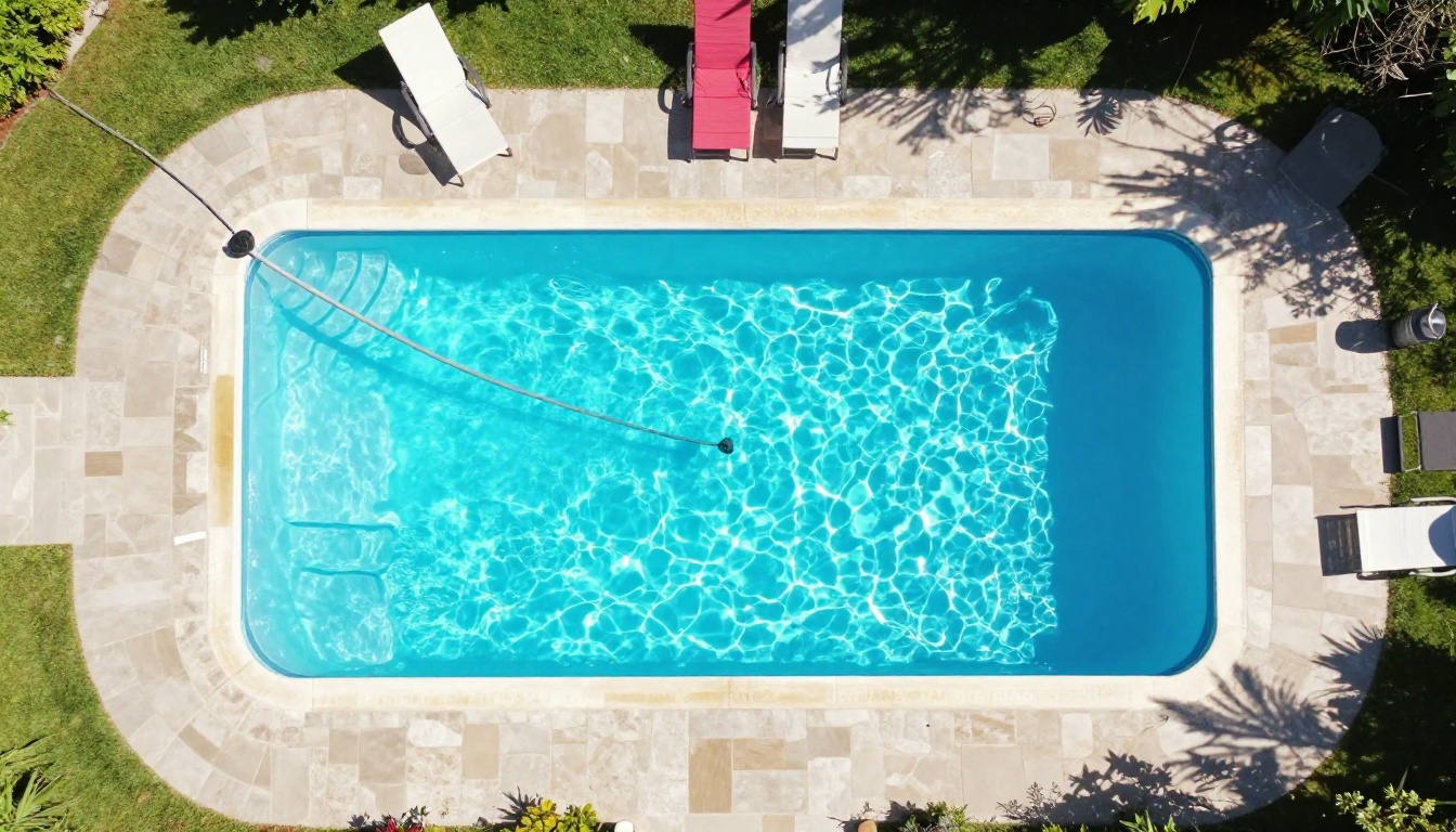 Vue aérienne d’une piscine de jardin en forme de haricot, prête pour l’entretien hebdomadaire