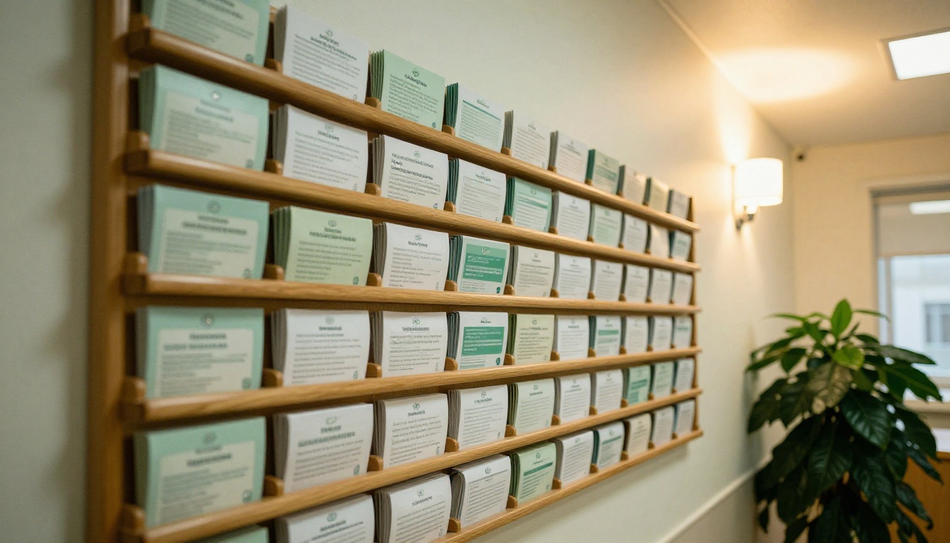A wall-mounted wooden rack holding tri-fold health brochures in a clinic hallway