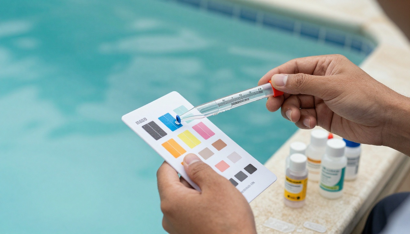 Technicien testant l’eau d’une piscine avec un nuancier colorimétrique et un flacon