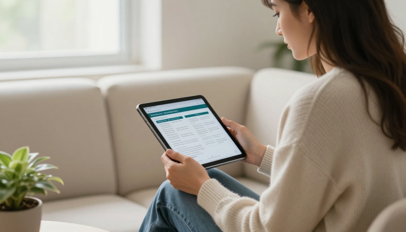 A woman reading a digital clinic brochure on a tablet in a waiting room