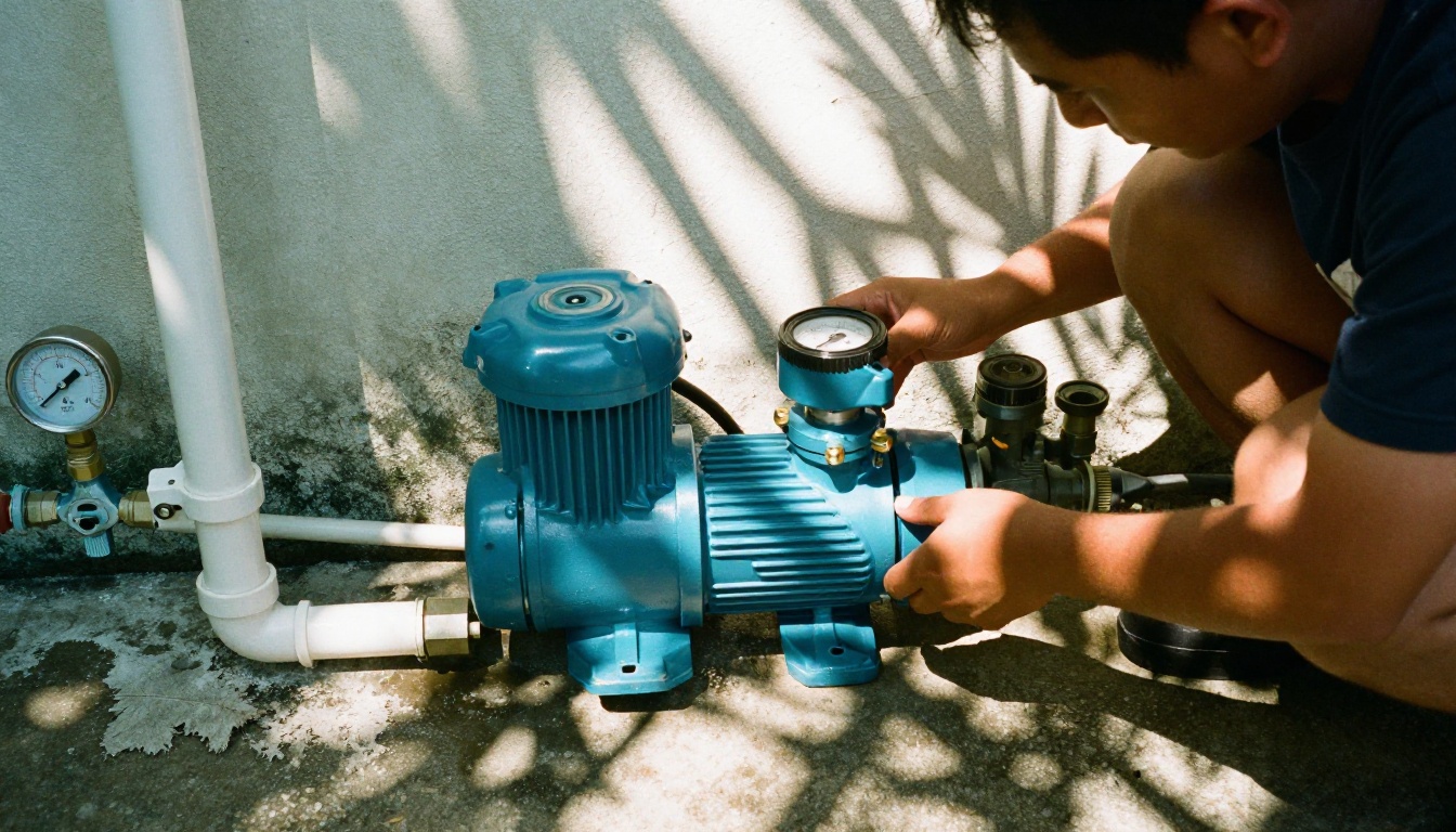 Local technique de pompe et de filtre de piscine, technicien contrôlant une vanne