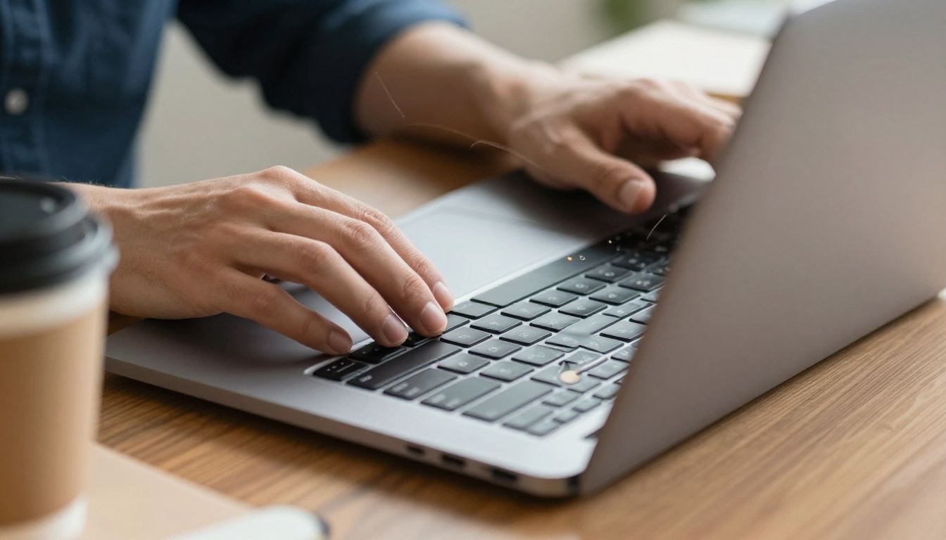 A laptop showing a page-turning digital clinic brochure on a wooden desk