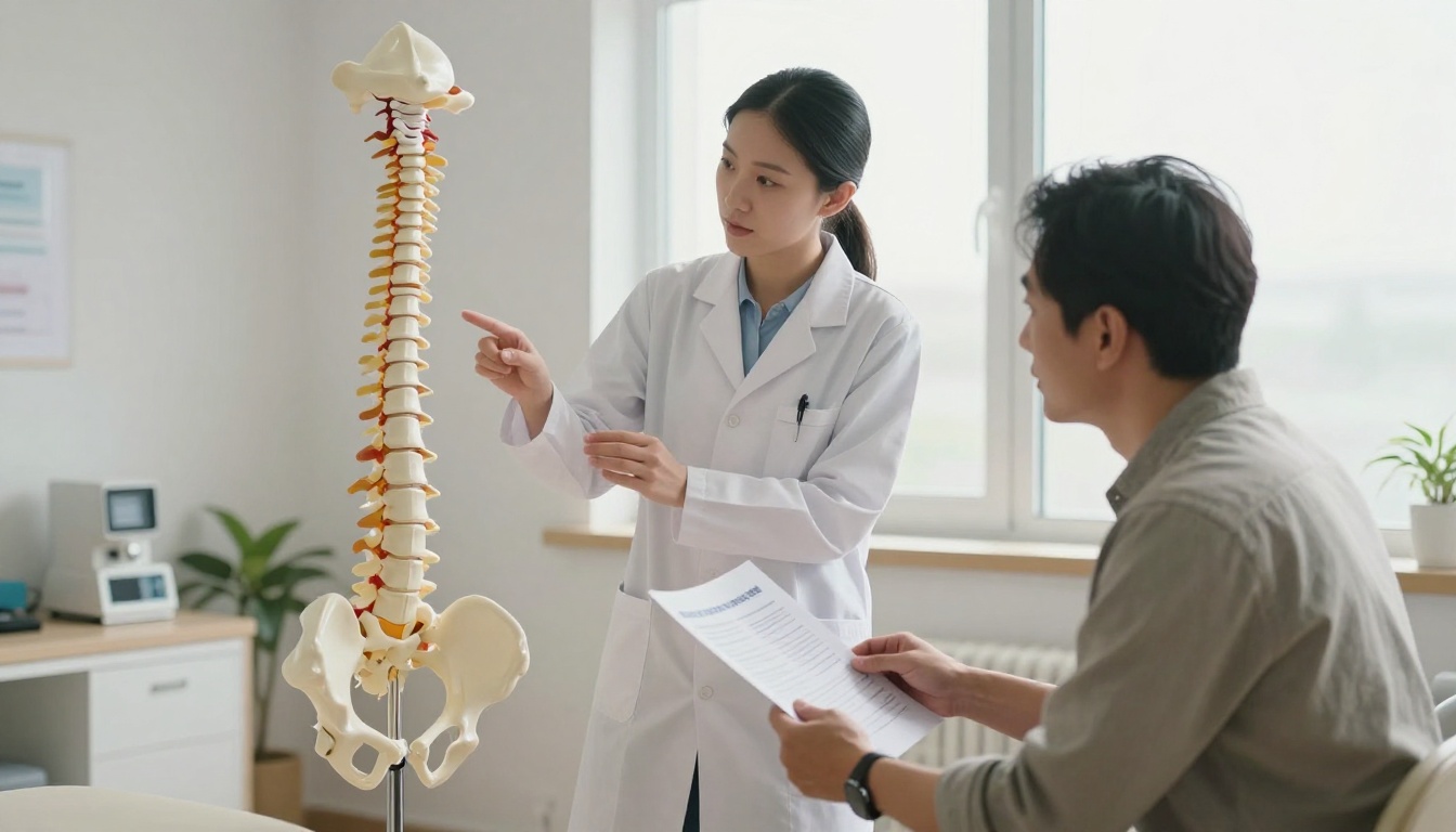 A female chiropractor beside an anatomical spine model explaining care to a seated patient