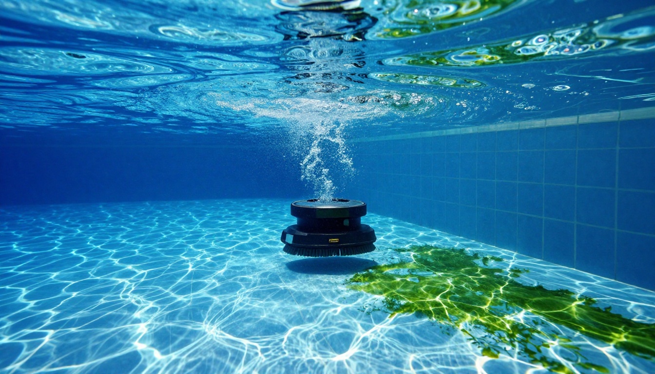 Robot nettoyeur de piscine brossant la ligne de carrelage sous l’eau