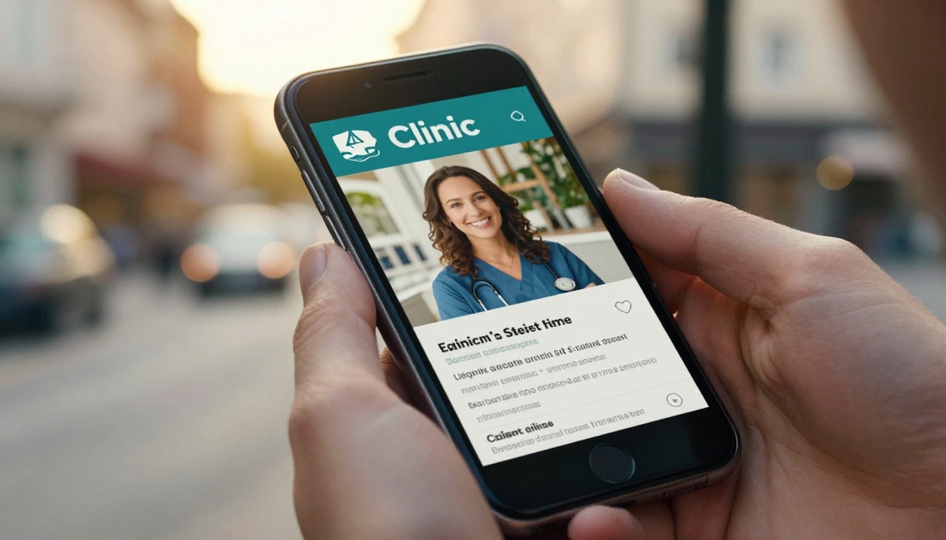 Hands holding a smartphone displaying a mobile-friendly clinic brochure