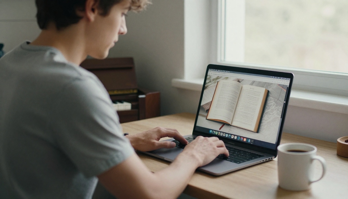 Eine Lehrerin arbeitet am Laptop an einem Küchentisch, im Hintergrund ein Klavier