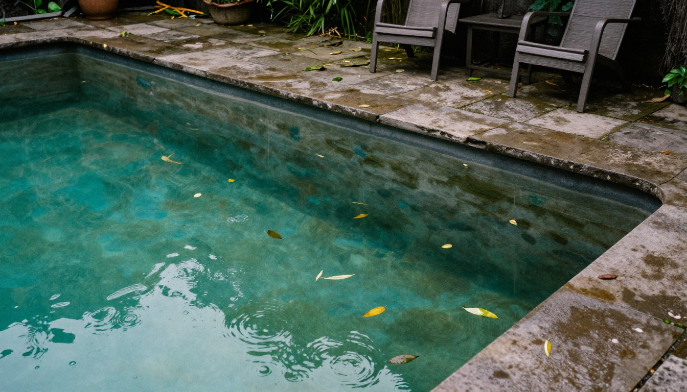 Piscine verte et nuageuse à côté d’une piscine bleue et claire dans le même jardin