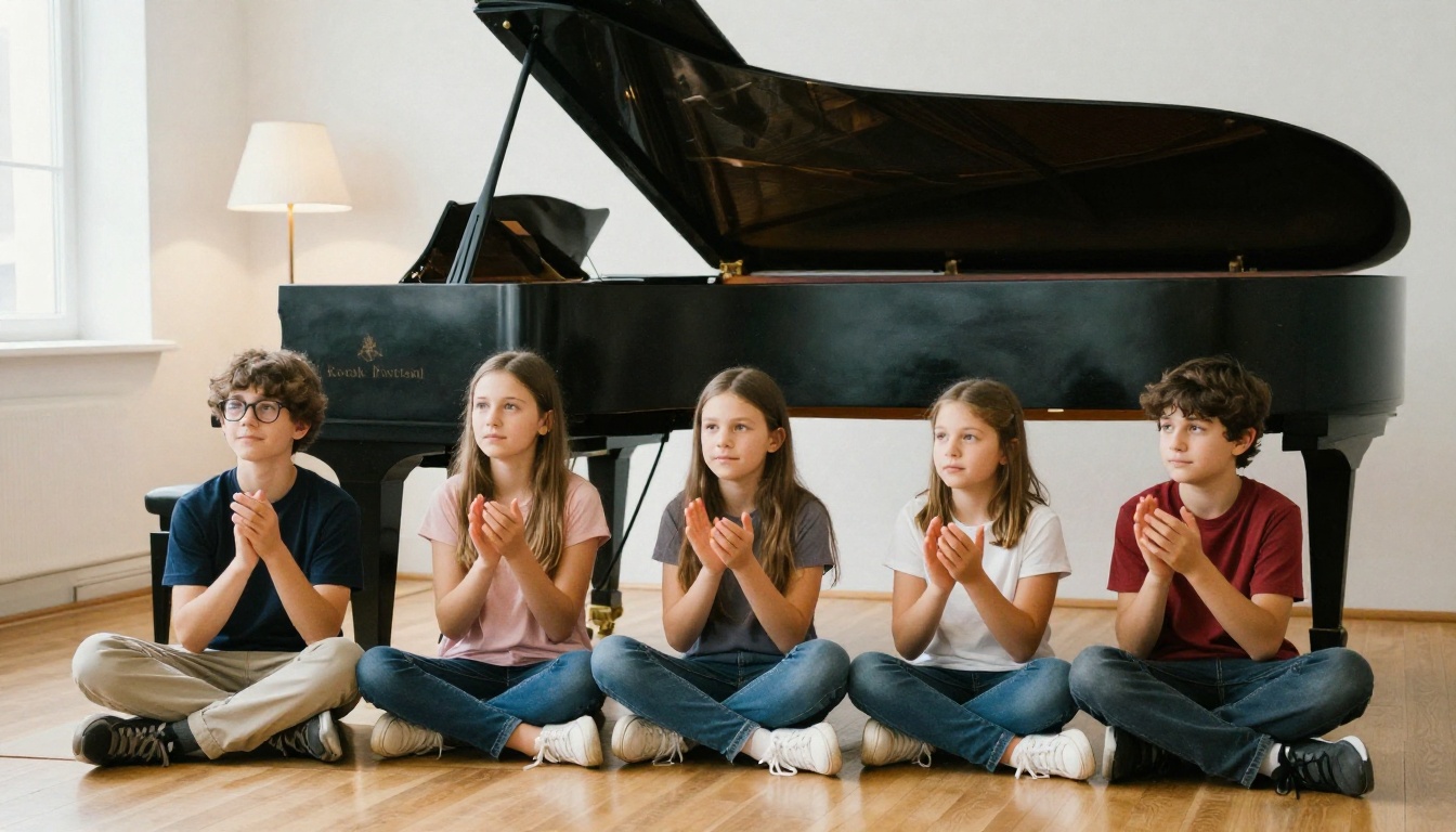 Kinder sitzen auf einem Teppich bei einem Vorspielabend im Klavierstudio, Eltern applaudieren