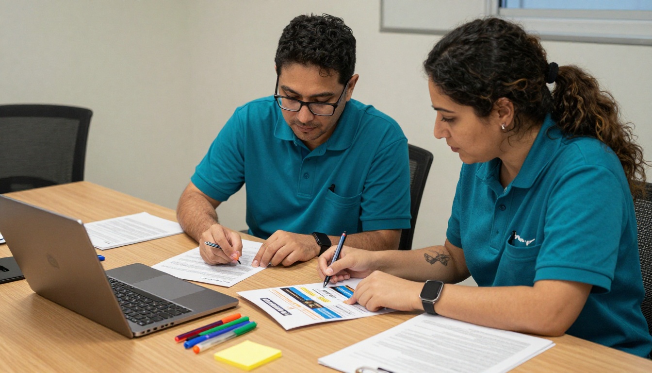 Two clinic team members reviewing printed brochure proofs at a meeting table