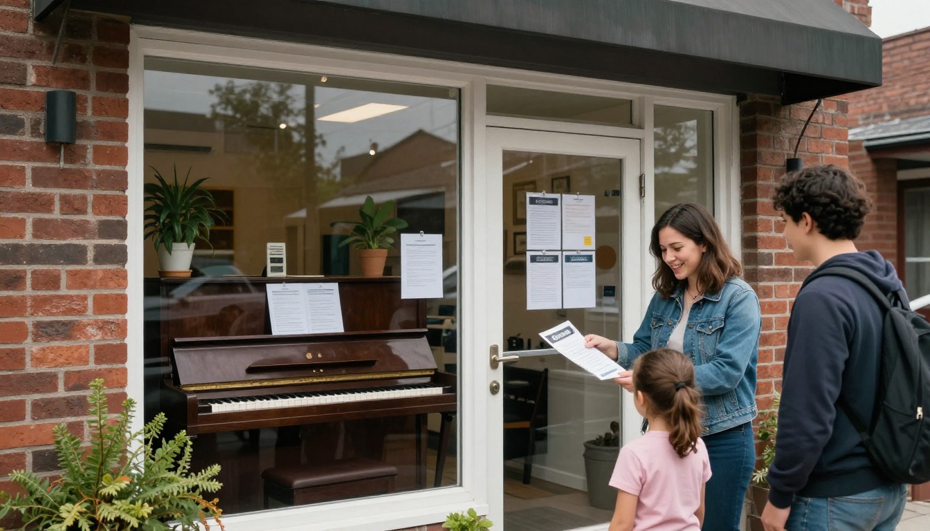 Ladenfront eines Klavierstudios im Viertel mit einem Flyer-Halter neben der Tür