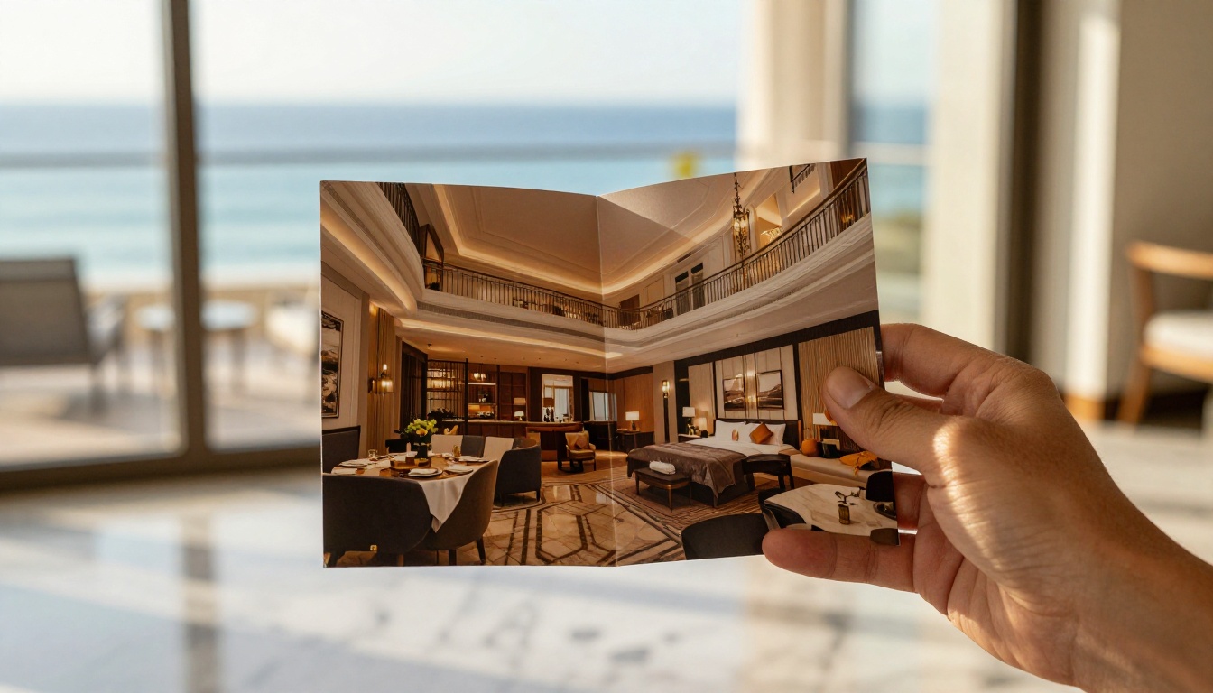 Hand hält eine aufgeklappte zweiteilige Hotelbroschüre mit einer Suite mit Meerblick