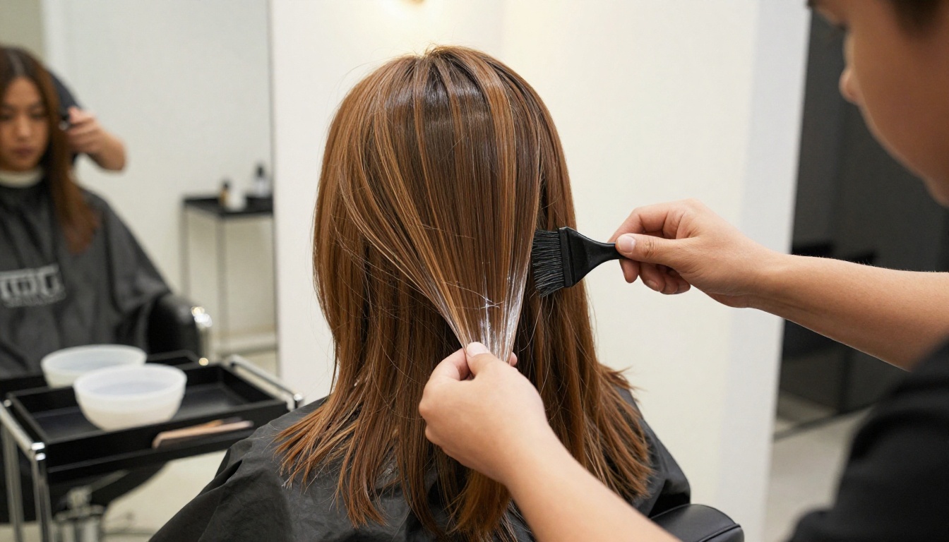 Estilista aplicando decolorante sobre cabello castaño durante un servicio de balayage