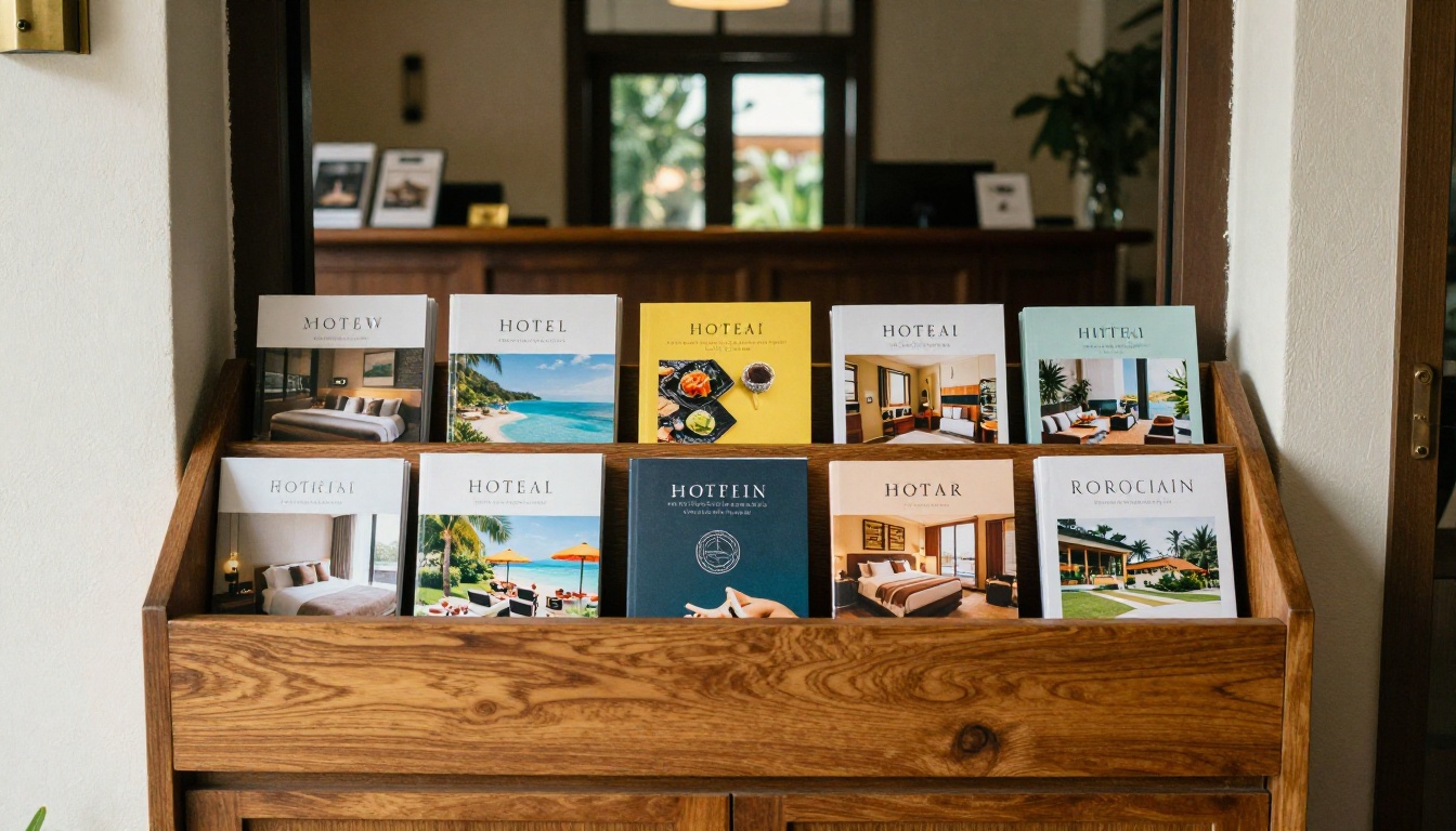 Blick von unten auf einen Broschürenständer im Eingangsbereich eines Boutique-Hotels