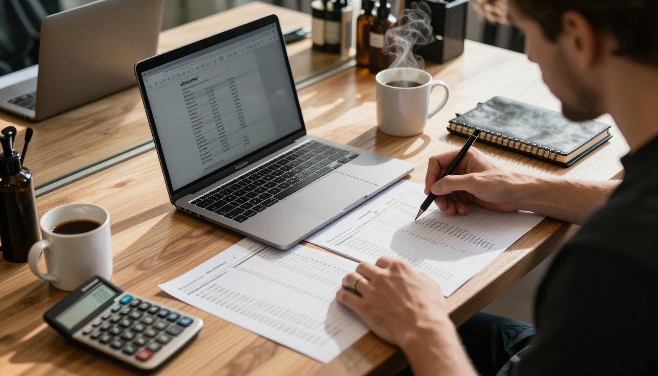 Dueña de un salón sentada en un escritorio con una laptop, una libreta, una calculadora y hojas de precios impresas