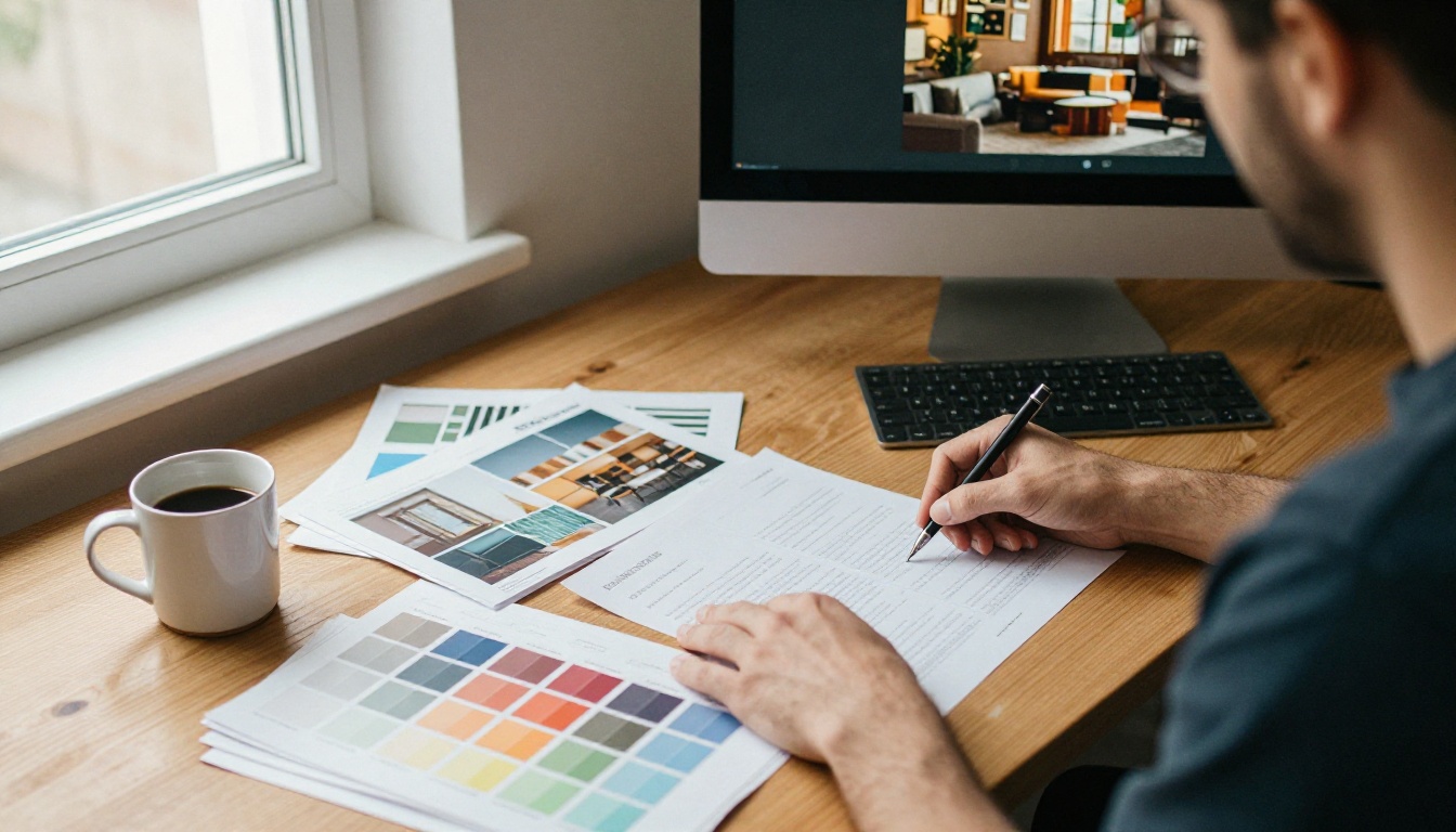 Grafikdesigner ordnet ein Hotelbroschüren-Layout an einem Studioschreibtisch