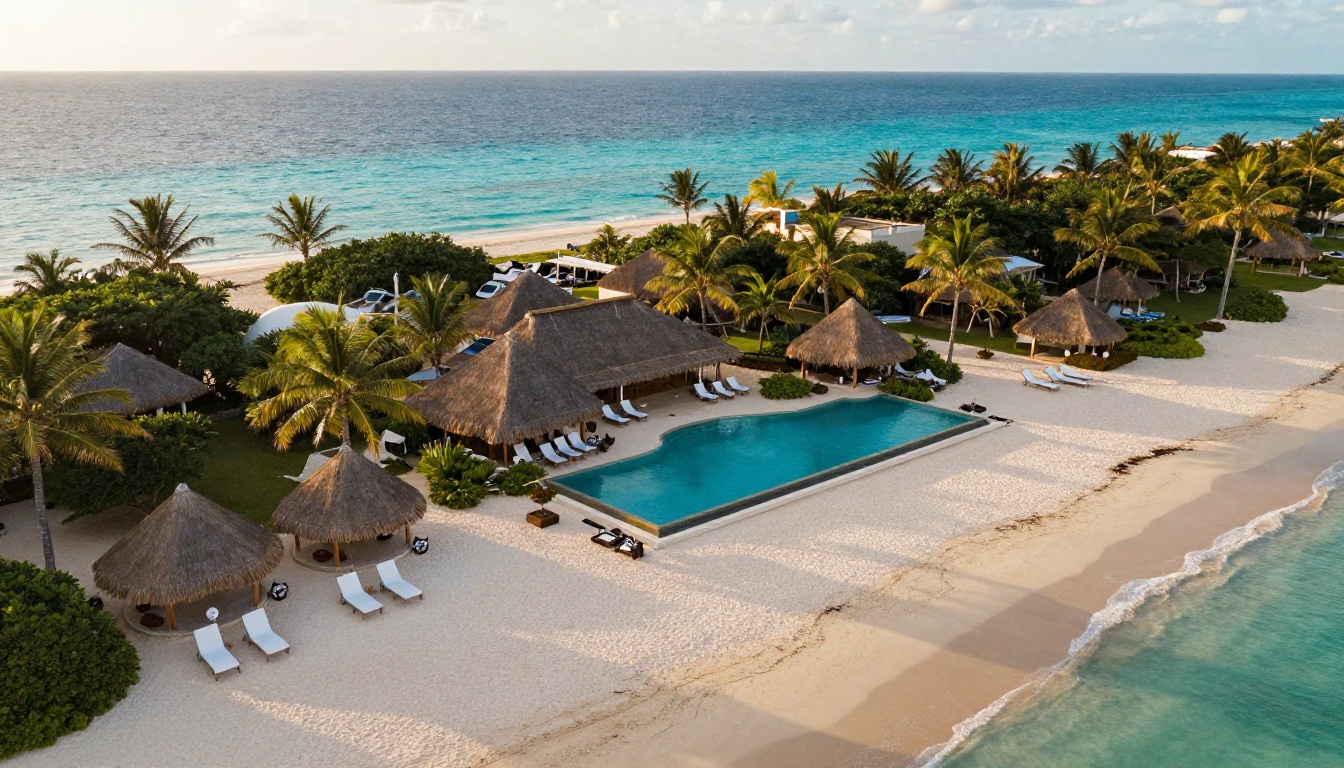 Luftaufnahme eines tropischen Strand-Resorts mit Infinitypool und Strandhäuschen