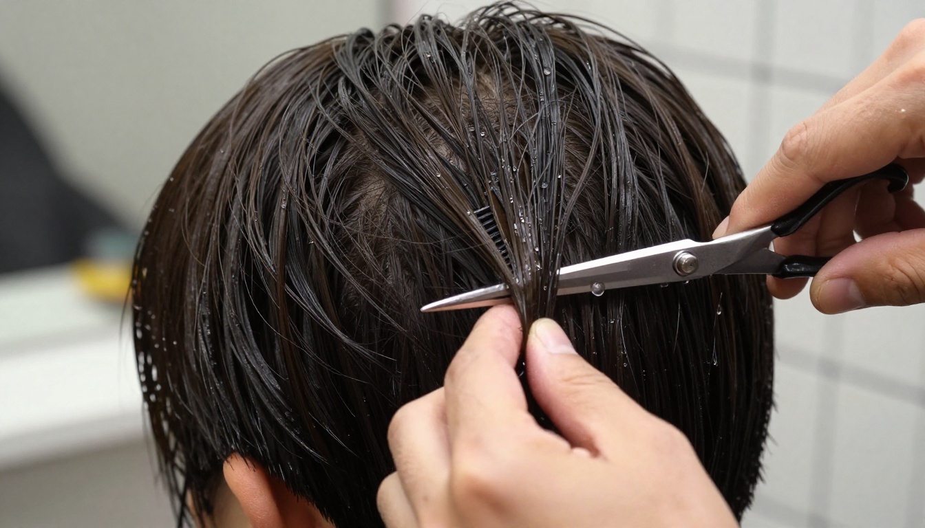 Primer plano de tijeras cortando cabello castaño mojado durante un corte de pelo