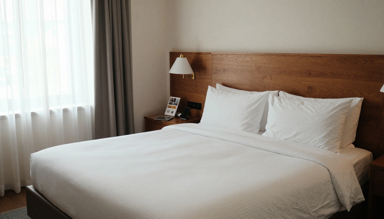 Boutique-Hotelsuite mit weißer Bettwäsche und Messinglampen im Morgenlicht