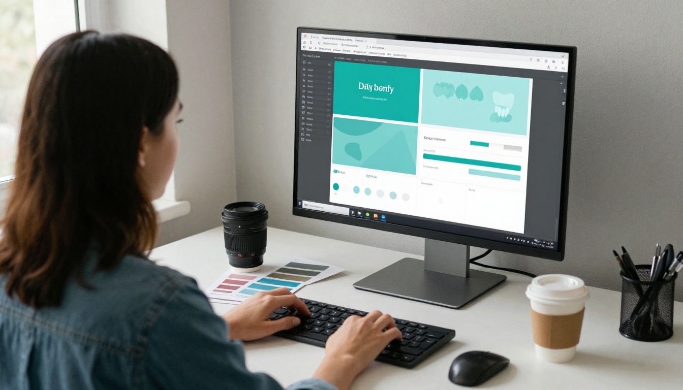 Designer ordnet ein Broschürenlayout auf einem Monitor mit petrolfarbenen Farbmustern