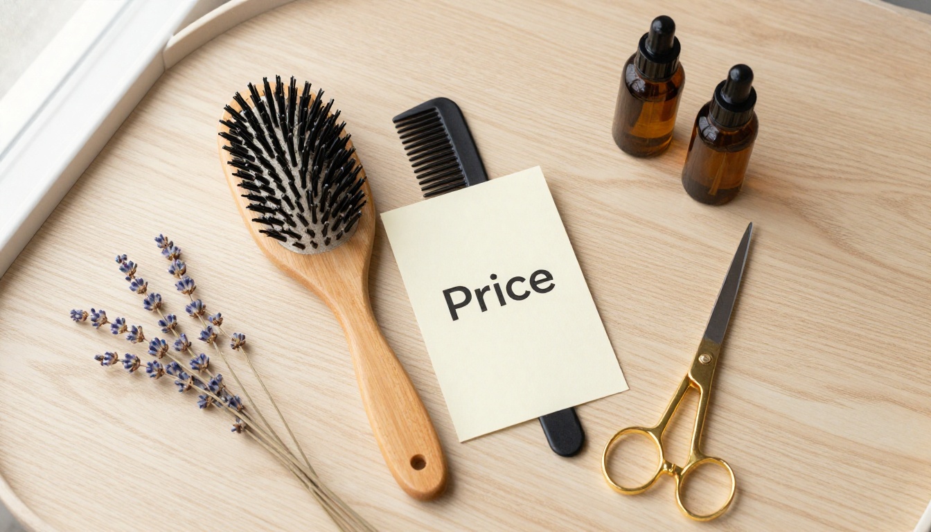 Vista cenital de una tarjeta de precios crema impresa con cepillo, peine, aceite para el cabello y tijeras doradas