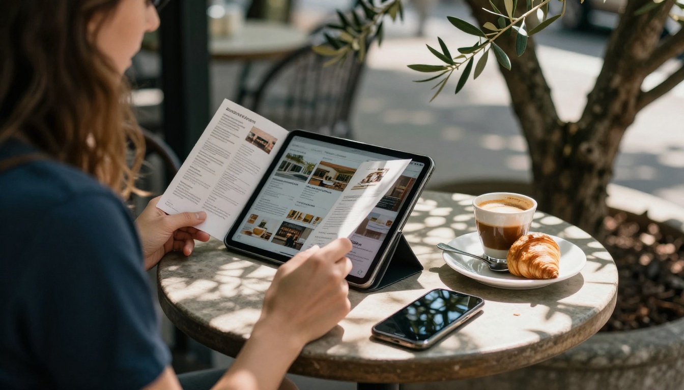 Reisende liest eine Hotelbroschüre als Flipbook auf einem Tablet auf einer Caféterrasse
