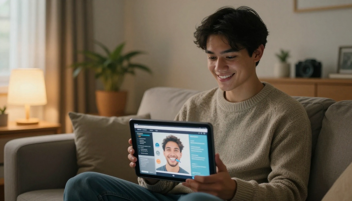 Junger Mann liest zu Hause eine digitale Zahnarzt-Broschüre mit Umblättereffekt auf einem Tablet
