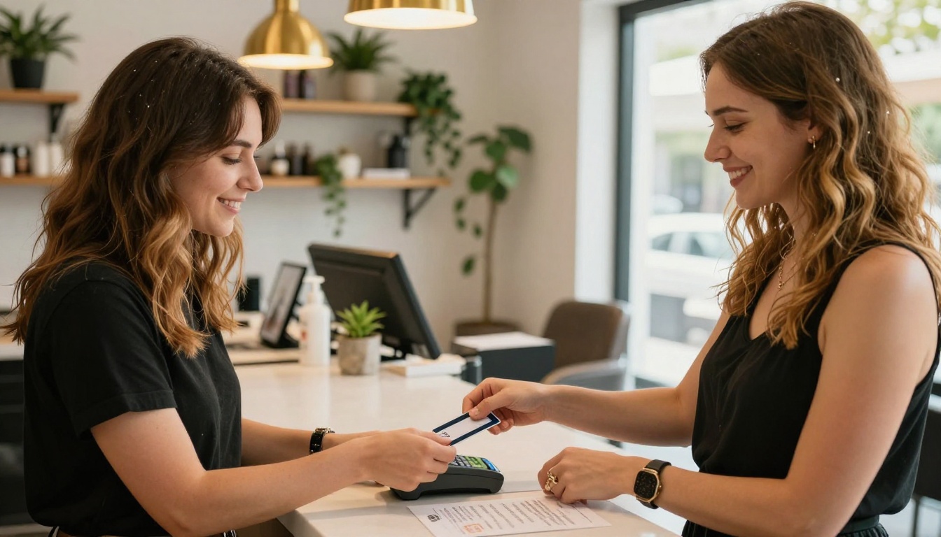 Dos clientas pagando en la caja de un salón mientras la estilista sostiene un menú de servicios impreso