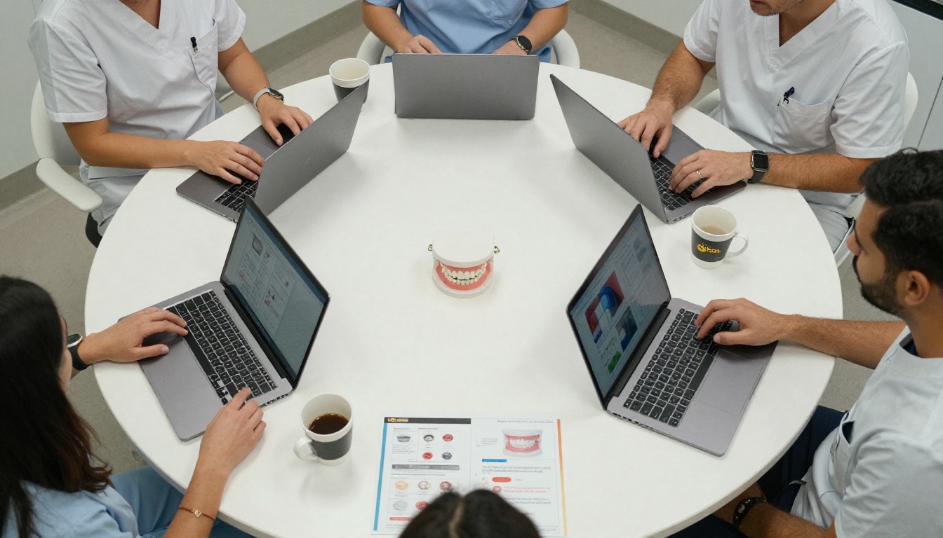 Zahnarztteam sitzt um einen runden Tisch und prüft Broschürenkorrekturen und Laptops