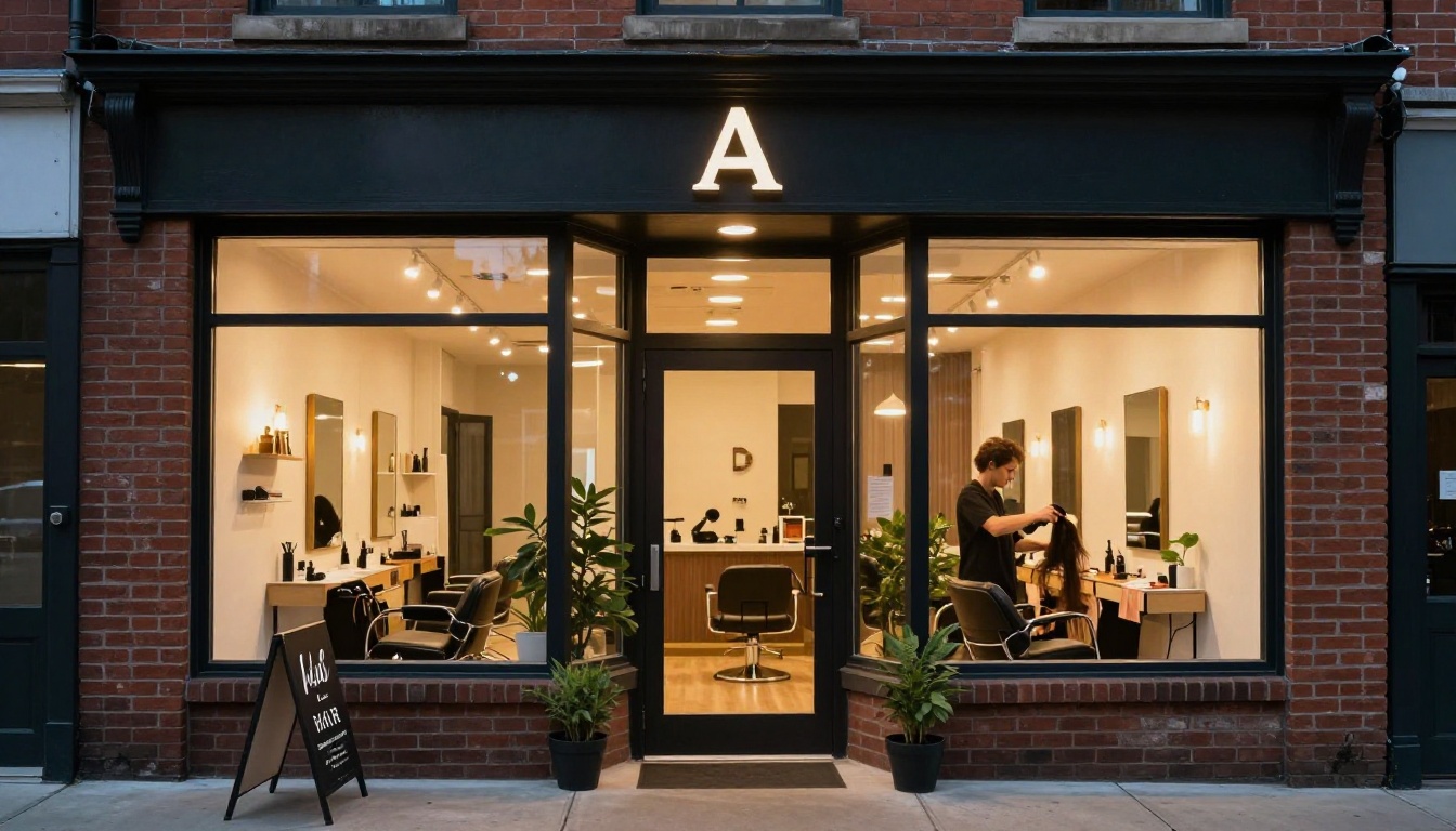 Fachada de un salón de peluquería boutique al atardecer con un letrero de acera escrito a mano