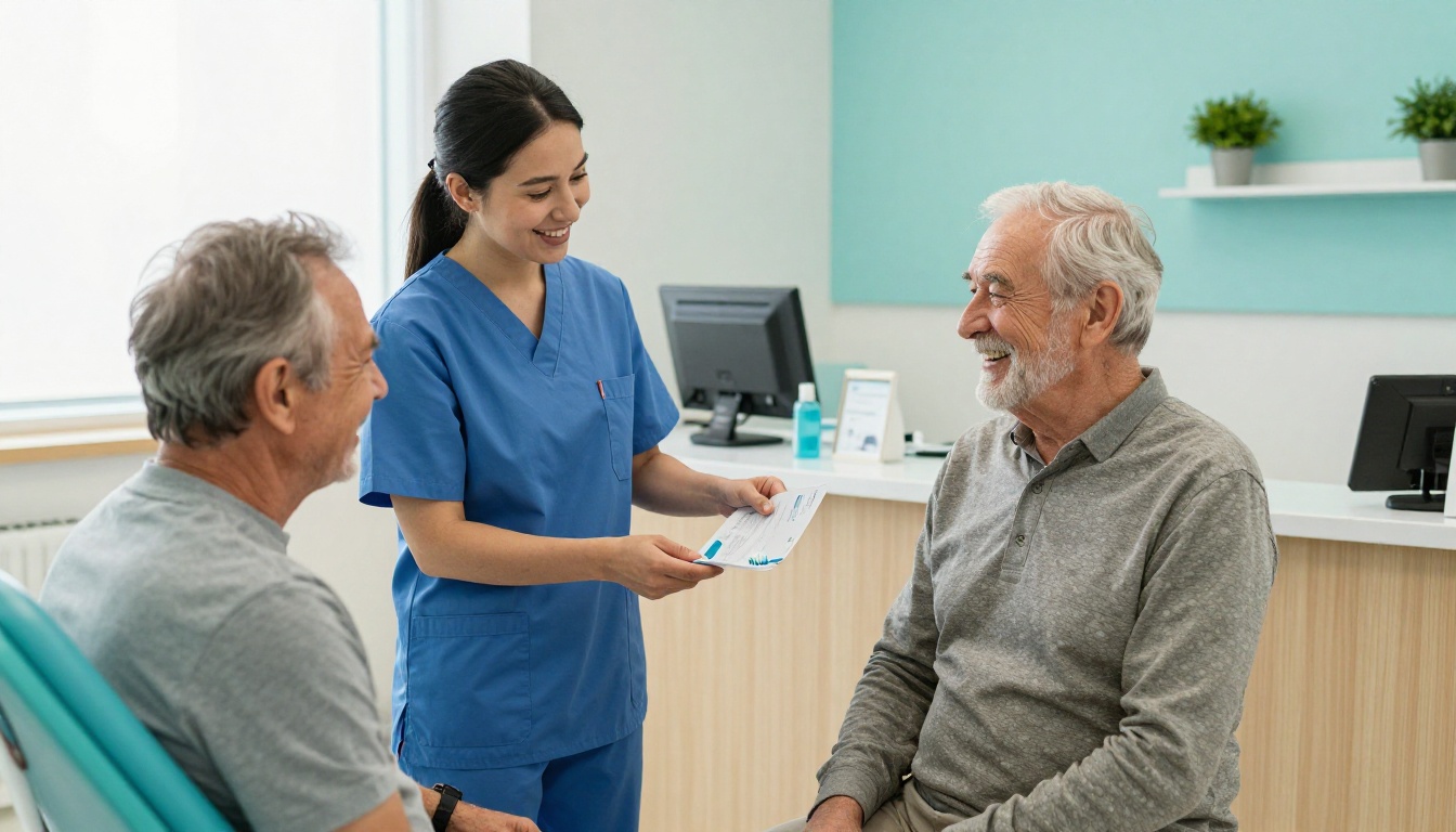 Dentalhygienikerin reicht einer lächelnden älteren Patientin am Empfang eine gefaltete Broschüre und eine Zahnbürste